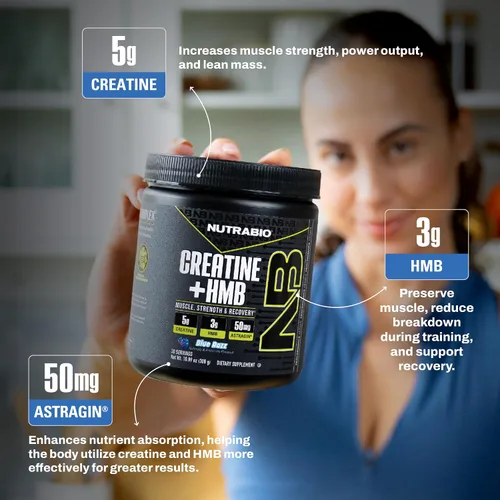 Miniatura 5 de NutraBio Creatina + HMB - Monohidrato de creatina con HMB en polvo para el crecimiento muscular, mayor fuerza - 30 porciones (Blue Razz)