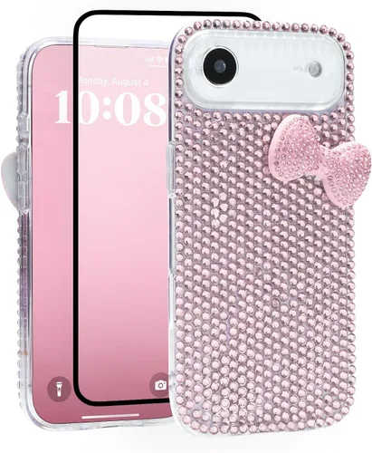 Miniatura 12 de Funda Linda para iPhone 13 de 6.1 Pulgadas con Protector de Pantalla HD, Fundas de Teléfono con Arco de Pedrería de Color Rosa para Mujeres Niñas