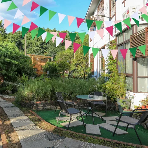 Miniatura 6 de Mefuny Banderines en blanco de 30 pies, 45 unidades, color verde, rosa, blanco, banderines de banderines triangulares, guirnaldas de banderines