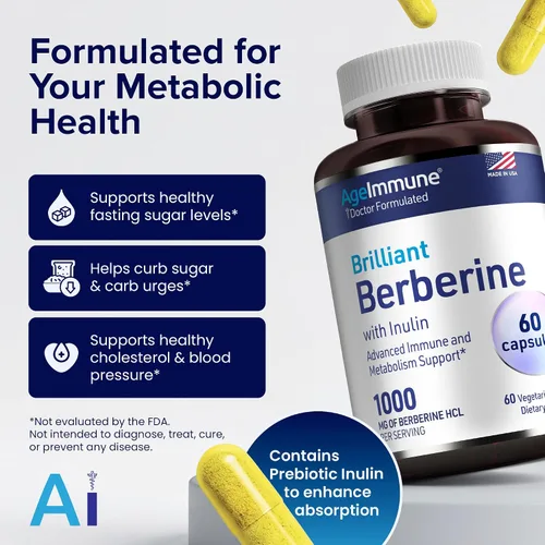 Miniatura 8 de Complejo de suplemento de berberina de 1000 mg con prebiótico de inulina - Berberina HCL 500 mg por cápsula - Suplemento de berberina formulado por