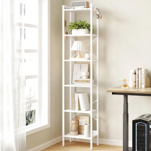 Miniatura 9 de Hzuaneri Estantería para libros, estantería industrial con 2 ganchos, organizador de almacenamiento para oficina en casa, sala de estar, dormitorio