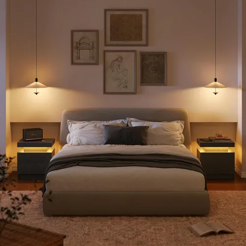 Miniatura 6 de Mesita de noche LED Mesita de noche LED con luces LED, mesa auxiliar moderna con 2 cajones para dormitorio, gris claro