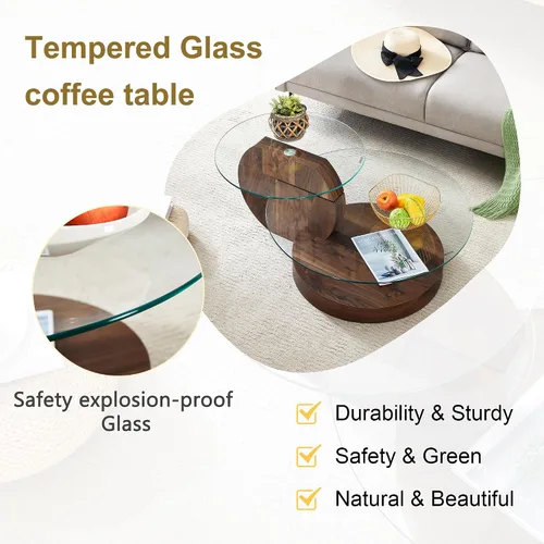 Miniatura 4 de Mesa de Café Redonda de Vidrio, Modernas Mesas de Café de Vidrio Templado para Sala de Estar, Mesa de Centro Circular de Nuez de 3 Niveles