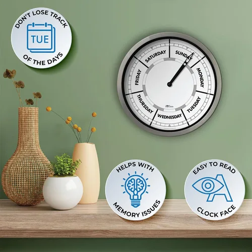 Miniatura 2 de Reloj del día de la semana con marco de aluminio – Reloj de pared con calendario – Regalo de jubilación ideal para hombres y mujeres – 10 pulgadas