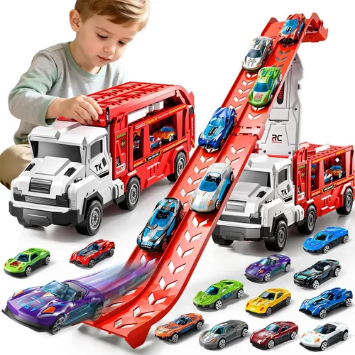 Miniatura 11 de Juego de camiones de transporte para niños de 3 en 1 con pistas de juguetes para niños de 2 a 4 años con 12 juguetes de autos de carreras, pista