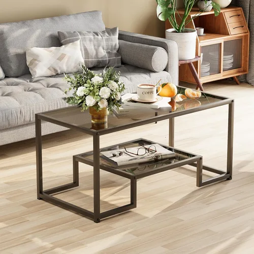 Miniatura 6 de Wolawu Mesa de Café de Cristal Gris Mesa de Café para Sala de Estar, Mesa Central Rectangular de 2 Niveles con Marco de Metal Resistente, Mesa
