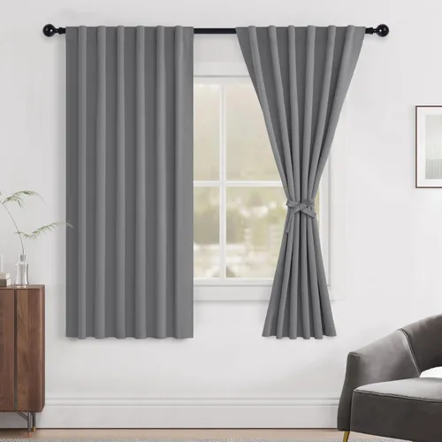 Miniatura 17 de Hiasan Cortinas opacas negras para dormitorio, cortinas opacas cortas de 45 pulgadas de largo, con aislamiento térmico, bolsillo para barra