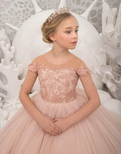 Miniatura 4 de Uzqast Lace Appliques Flower Girls Dresses Tulle Short Sleeves Princess Long Wedding Pageant Ball Gown Dress for Girls