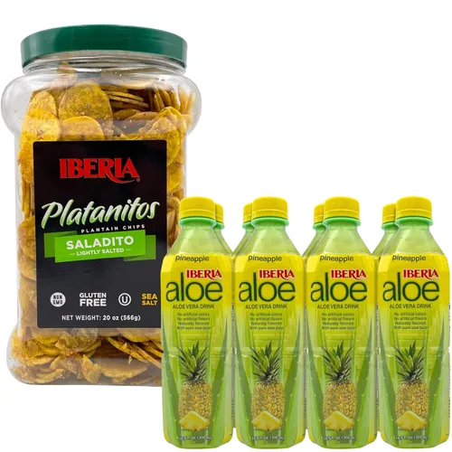 Iberia Chips de plátano ligeramente salados, 20 onzas + bebida de jugo de aloe vera Iberia con pulpa de aloe pura y piña, 16.9 onzas líquidas