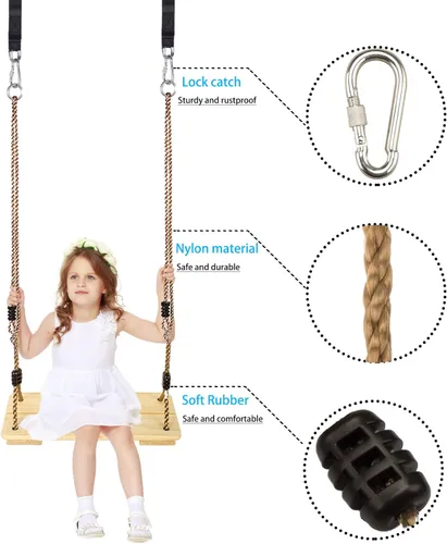 Miniatura 6 de KINSPORY - Juego de columpios para exteriores, cuerda de nailon ajustable con correas para colgar en el árbol, asiento de columpio de madera