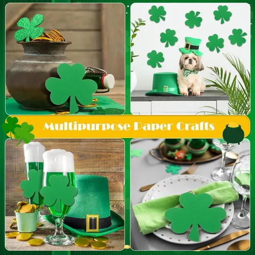 Miniatura 7 de MixTeach 200 recortes de trébol del día de San Patricio de 4 pulgadas con forma de trébol de papel verde de 3 hojas troqueladas para fiesta