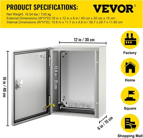 Miniatura 7 de VEVOR Caja de Gabinete Eléctrico, 16'' ×12'' ×6'', Caja de Conexiones con Bisagras de Acero al Carbono, IP66 Impermeable y a Prueba de Polvo, Caja