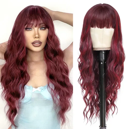 Miniatura 11 de NAYOO Pelucas marrones con flequillo para mujer, pelucas de cabello largo y ondulado, resistentes al calor, pelucas de fibra sintética para uso