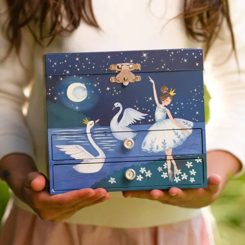 Miniatura 7 de Jewelkeeper Joyero musical de bailarina con 2 cajones extraíbles, diseño de purpurina, tono de lago de cisne, Metal Madera
