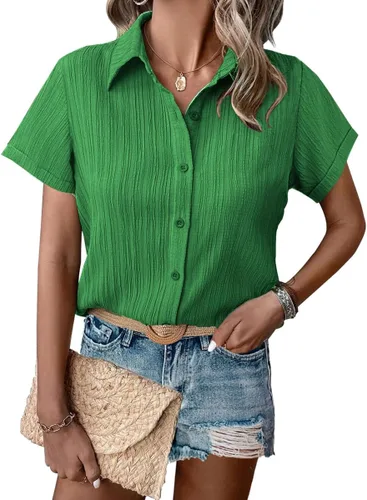 Miniatura 13 de HOTOUCH Camisa de vestir de manga corta con botones para mujer, cuello en V, con botones, para verano, con textura, para el trabajo