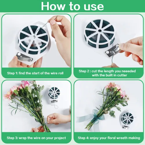 Miniatura 7 de Alambre floral, alambre flexible para manualidades de 110 yardas para corona, calibre 22, suministros de floristería verde con cortador integrado