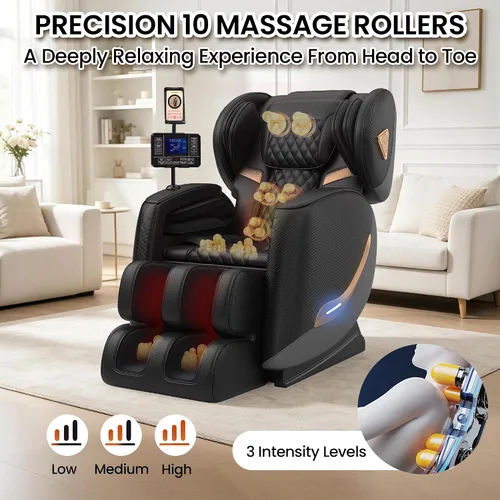 Miniatura 4 de Silla de masaje de cuerpo completo y reclinable, sillas de masaje de gravedad cero, 10 rodillos fijos, bolsas de aire, calefacción, masaje de pies