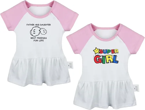 iDzn Pack of 2, Super Girl & Father and Daughter Best Friends for Life Dresses, Infant Baby Girls Princess Dress, Cute Ruffle