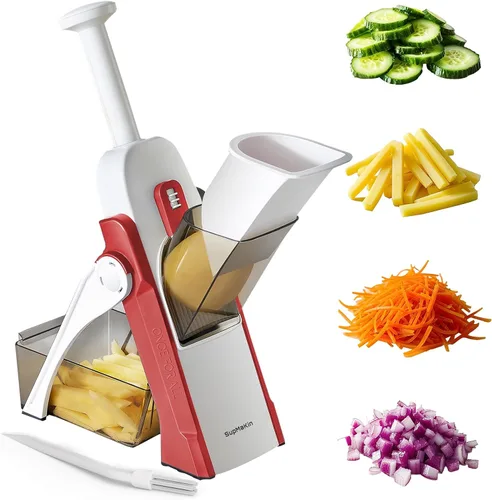 SupMaKin rebanador de mandolina seguro para cocina, cortador de verduras, papas fritas, rebanador de grosor ajustable manual, artefacto de corte Rojo
