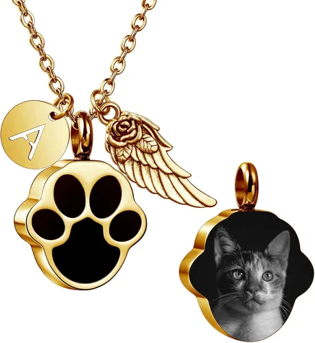 Miniatura 25 de MeMeDIY Collar personalizado con dije de urna de cenizas con estampado de pata de corazón, nombre personalizado, foto, fecha para mujeres, hombres