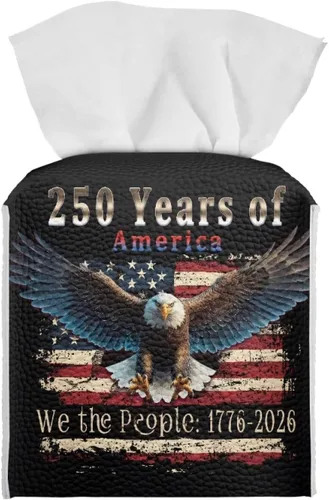 250th Anniversary Square Tissue Box Cover Pu Leather Tissue Holder Facial Paper Cover Waterproof Toilet Paper Holder for Bathroom Bedroom Modern
