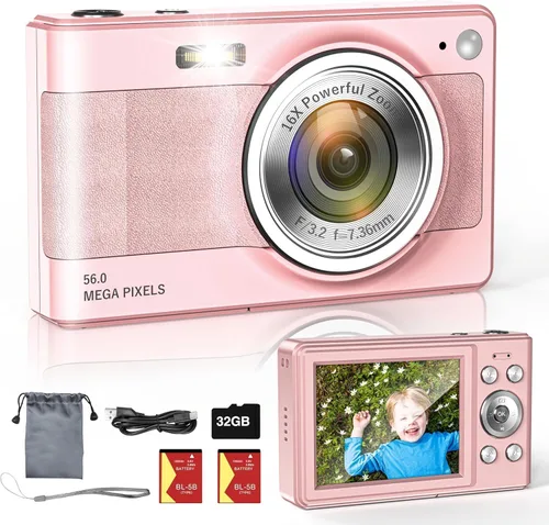 Cámara digital actualizada, cámara FHD 1080P de 56 MP para niños con zoom de 16 x antivibraciones, cámara para niños con tarjeta TF de 32 GB, dos