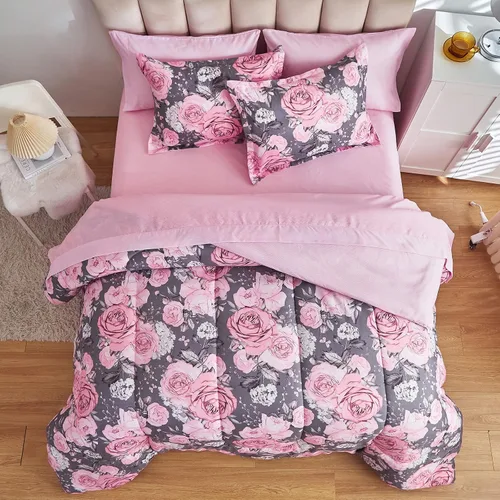 Miniatura 3 de Juego de sábanas de edredón de flores, color gris, cama en una bolsa, juego de ropa de cama reversible de 7 piezas tamaño King de microfibra floral