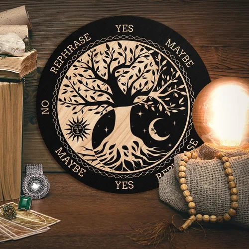 Miniatura 3 de INFUNLY Tablero de péndulo de bruja árbol de la vida, tablero redondo de adivinación de madera de 7.9 pulgadas, tablero de mensajes metafísicos