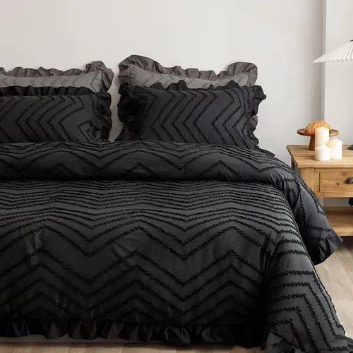 Miniatura 8 de Juego de funda de edredón copetuda, funda de edredón suave y transpirable con cierre de cremallera, ropa de cama bohemia bordada con volantes