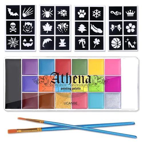 UCANBE Athena - Kit de pintura facial y corporal - 20 colores, paleta grande de pintura profunda, 24 plantillas, 2 pinceles, paleta de maquillaje