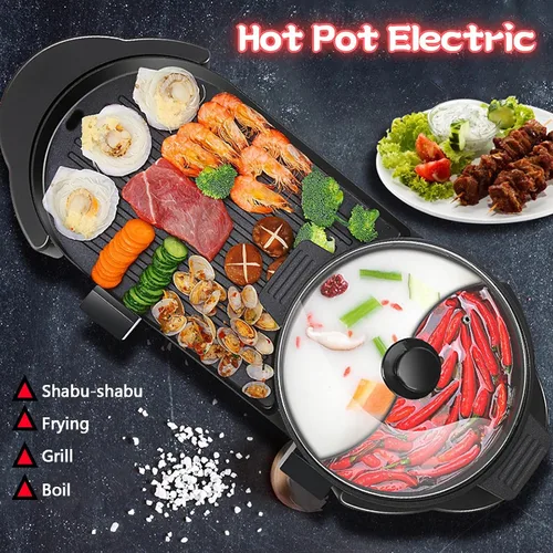 Miniatura 2 de Olla Caliente con Parrilla, Olla Caliente Eléctrica 2 en 1 Shabu Shabu Olla Caliente Barbacoa Coreana, Olla Caliente Desmontable 1200W / Bandeja