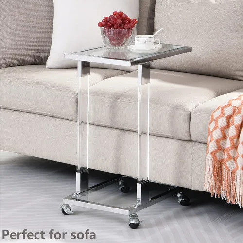 Miniatura 3 de Mesa auxiliar de cristal plateado, mesas auxiliares cromadas en forma de C con ruedas móviles, mesa acrílica, mesa C deslizante, debajo del sofá