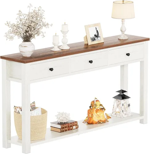 Miniatura 11 de Homieasy Mesa consola de granja con 3 cajones, mesa de sofá de madera de 47 pulgadas con estante de almacenamiento para sala de estar, detrás