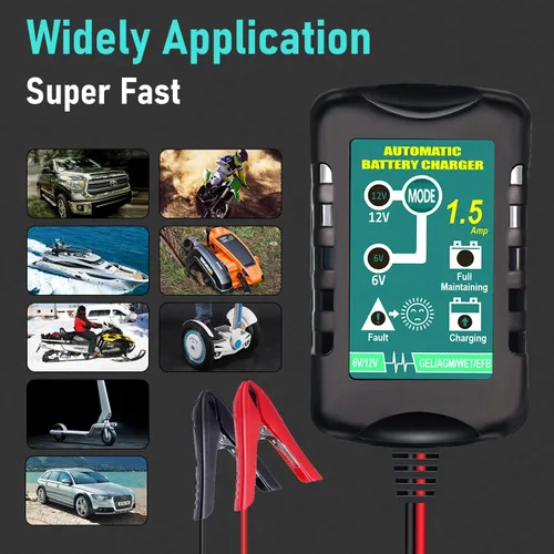 Miniatura 6 de Cargador de batería automático de 6V 12V 1.5A, cargador de goteo adecuado para baterías de plomo-ácido AGM Gel SLA VRLA de celda húmeda