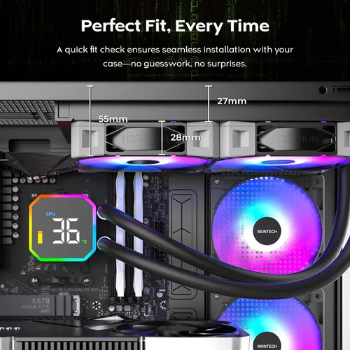 Miniatura 6 de MONTECH HyperFlow Digital 240 - Enfriador líquido de CPU, AIO de 9.449 in con bomba de 3100 RPM, 2 ventiladores E28 ARGB de 4.724 in, pantalla