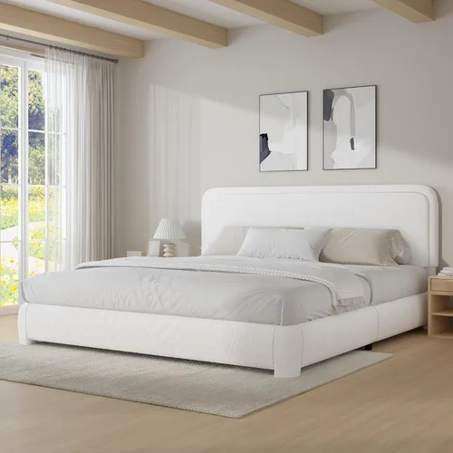 Miniatura 21 de BarnFurin Cloud Boucle - Base de cama de tamaño matrimonial, plataforma tapizada con cabecero, esquinas redondeadas suaves, no requiere somier, Beige