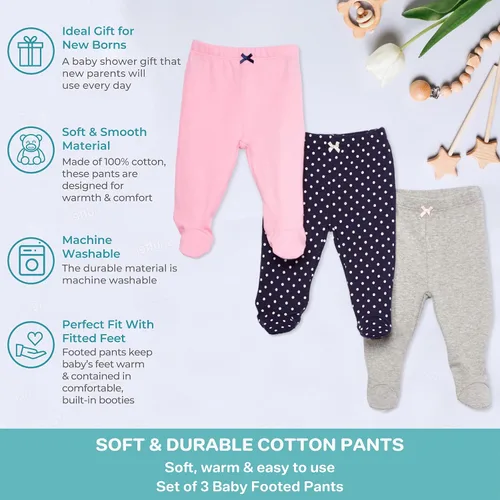 Miniatura 4 de Spasilk Paquete de 3 pantalones de algodón con pies para bebé niña