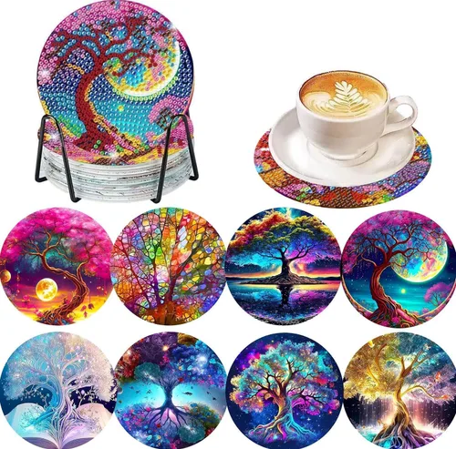 Juego de 8 posavasos de pintura de diamantes, posavasos de pintura de diamante 5D, posavasos de arte de diamante con soporte, posavasos