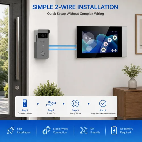Miniatura 2 de Sistema de intercomunicación de video con cable de 7 pulgadas con monitor de pantalla táctil, instalación simple de 2 cables, acceso remoto a