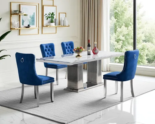Miniatura 38 de Moderno juego de mesa de comedor de mármol sintético de 68.11 pulgadas para 6, mesa de comedor de mármol blanco y plateado con 6 sillas de Blanco