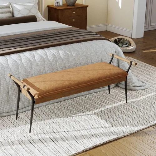 Miniatura 8 de LukeAlon Moderno banco de entrada de piel sintética, banco tapizado en el extremo de la cama con brazos, banco otomano clásico para dormitorio