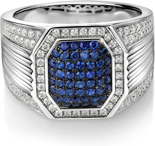 Miniatura 2 de Anillo de plata de ley 925 para hombre zafiro y moissanita creada en azul y blanco creada por GemStone King 192 quilates disponible en tallas 9 10