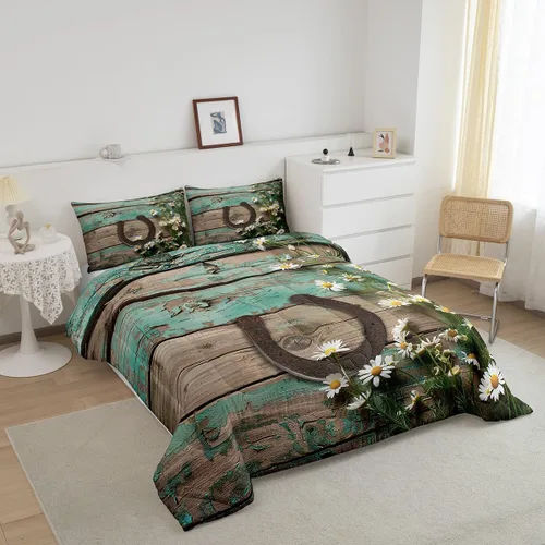 Miniatura 4 de Juego de ropa de cama rústica de granja color verde azulado con puerta de granero de madera, edredón de plumas tamaño Queen, decoración occidental