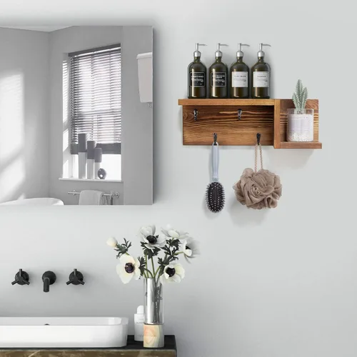 Miniatura 4 de AKKO Soporte de madera para llaves decorativo de pared, organizador de correo y llaves con 4 ganchos para llaves y estante flotante en forma de "Z