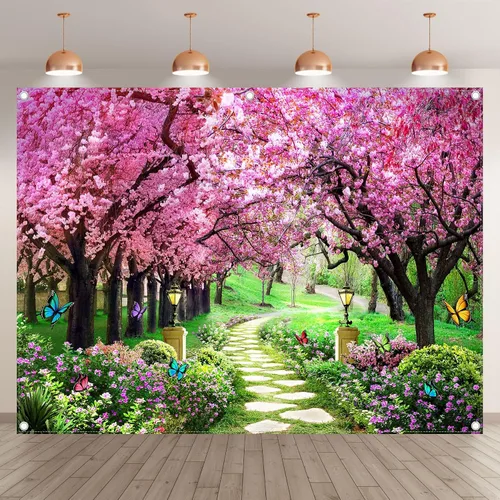 Miniatura 2 de Telón de fondo de fotografía de paisaje primaveral de 8 x 6 pies, jardín, flores, árbol, camino, paisaje, mujeres, niños, decoración de fiesta