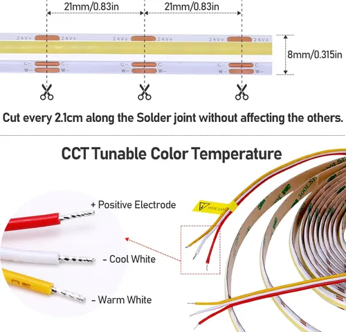 Miniatura 3 de GOMING 24V 10M(32.8ft) 3Pin 8mm Width CCT COB LED Strip 2700K-6500K Tunable White 576LED/M CRI 93+ Flexible IP20 Not Waterproof LED Tape Lights for