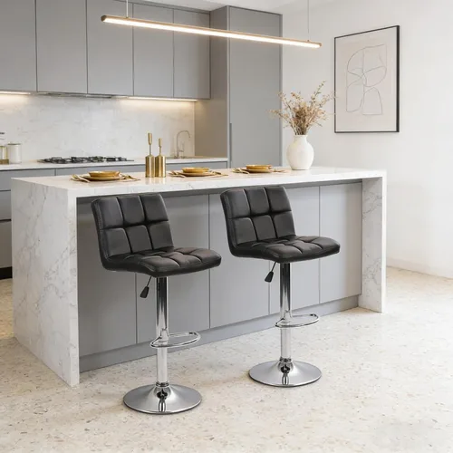 Miniatura 6 de Dkeli Juego de 2 taburetes de bar giratorios de altura ajustable con respaldo de piel sintética duradera, silla de comedor moderna y alta para sala