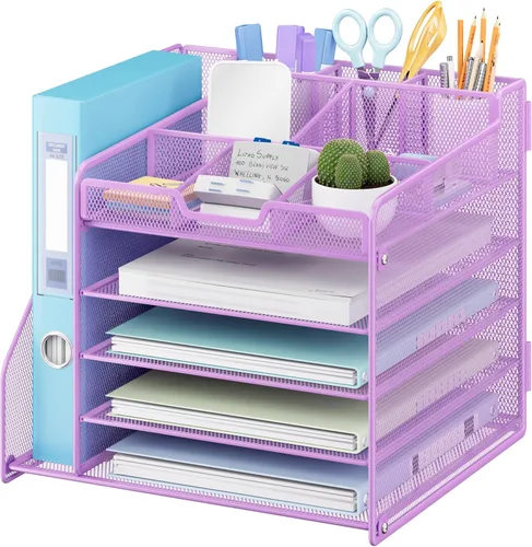 Miniatura 11 de Lavatino Organizador de escritorio, bandeja de papel de malla metálica de 5 niveles con 1 soporte para archivos y 7 divisores flexibles para Negro