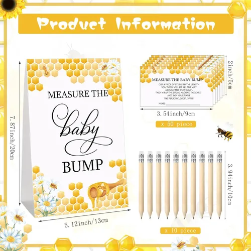 Miniatura 2 de Fumete Juego de 65 piezas para baby shower, incluye tema de panal, mide el letrero de la protuberancia del bebé, 50 tarjetas de adivinanzas, 10