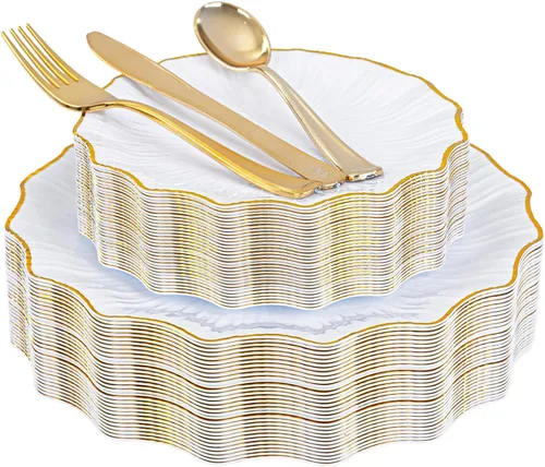 Miniatura 7 de U-QE 150 platos de plástico negro con cubiertos de plástico dorado, platos negros desechables para fiestas, incluyen 30 platos llanos de 10.25
